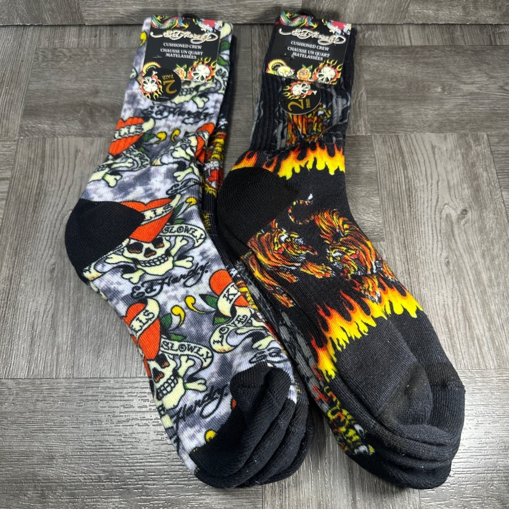 Ed Hardy Mens Large 6-12 Cushioned Crew Socks Skull Tiger 2 Packs 4 Pairs NEW
